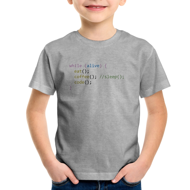 Camiseta Infantil Eat Coffee Code - Cinza