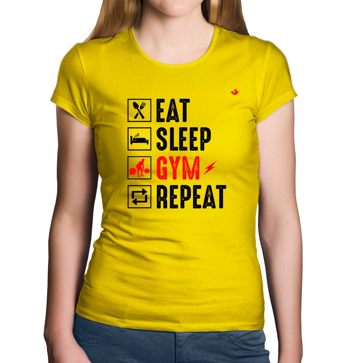 Baby Look Algodão Eat, Sleep, Gym, Repeat - Amarela