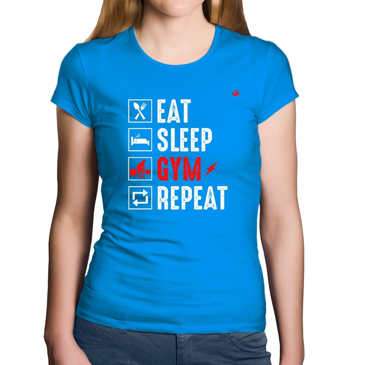 Baby Look Algodão Eat, Sleep, Gym, Repeat - Azul