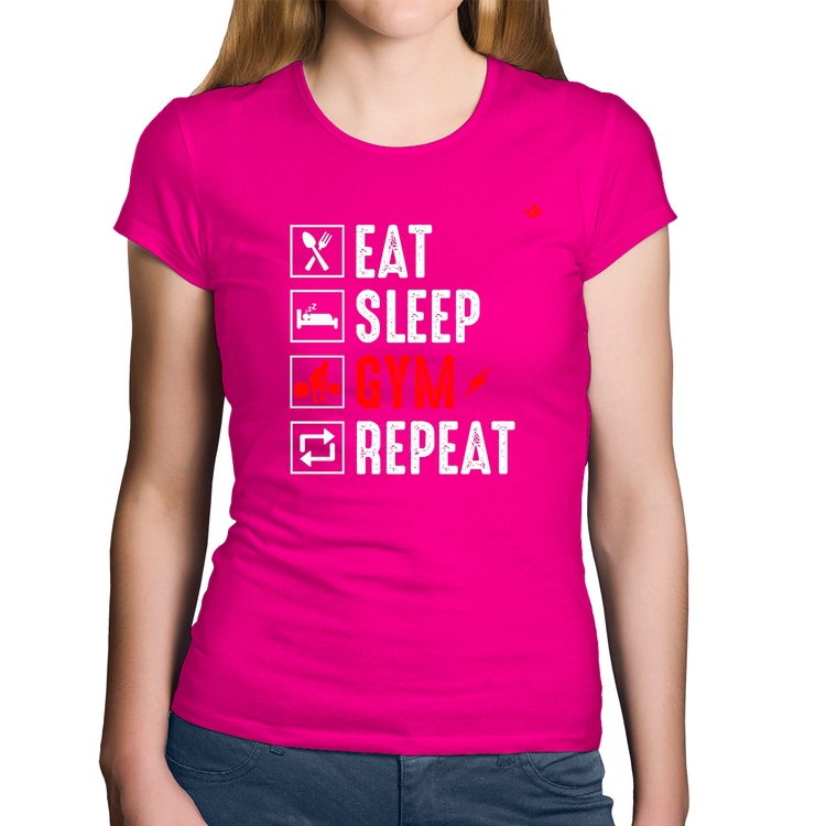 Baby Look Algodão Eat, Sleep, Gym, Repeat - Rosa