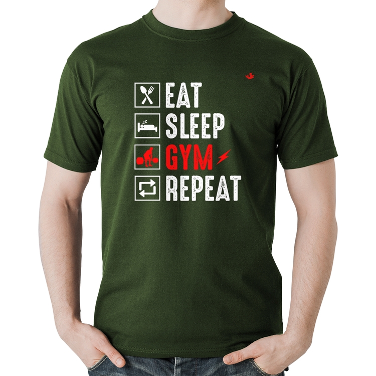 Camiseta Algodão Eat, Sleep, Gym, Repeat - Musgo