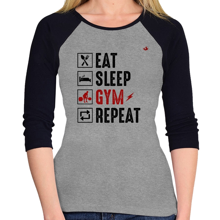 Baby Look Raglan Eat, Sleep, Gym, Repeat Manga 3/4 - Cinza/Preto