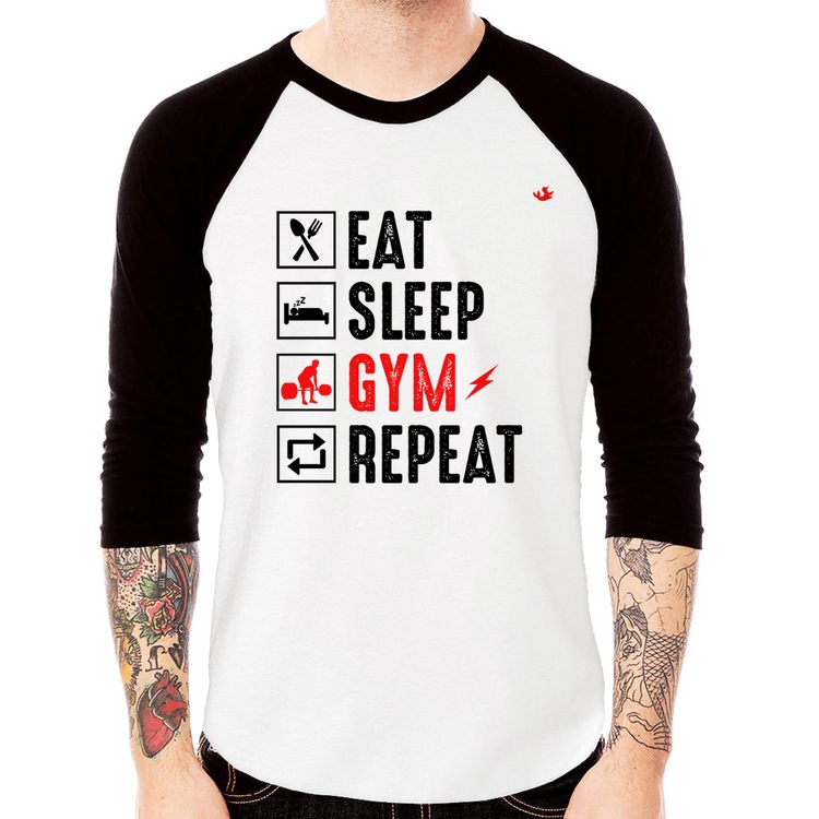 Camiseta Raglan Eat, Sleep, Gym, Repeat Manga 3/4