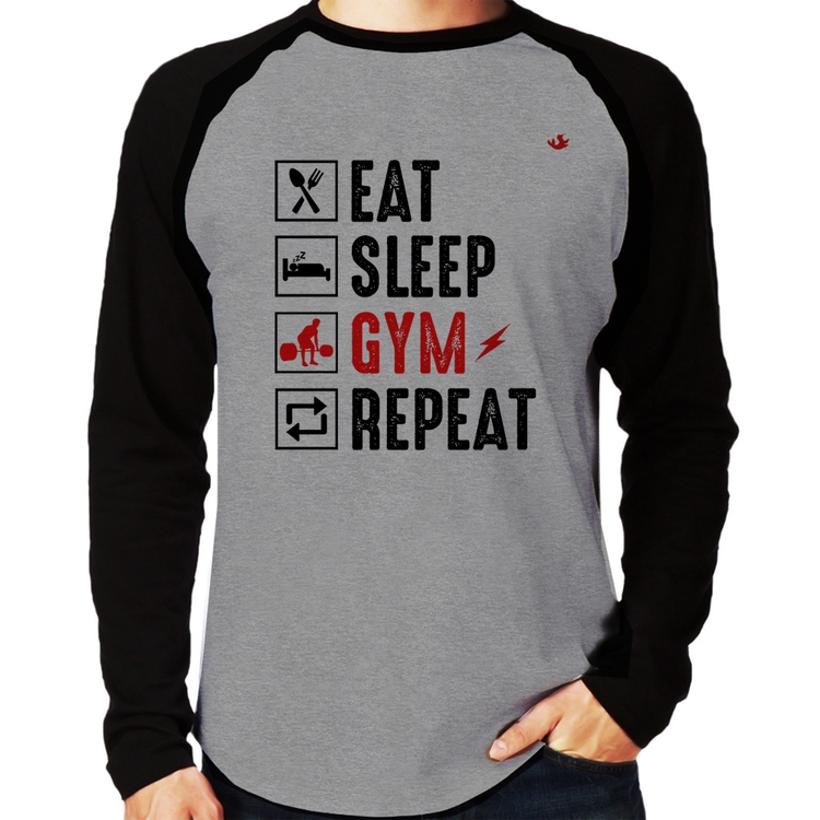 Camiseta Raglan Eat, Sleep, Gym, Repeat Manga Longa - Cinza/Preto