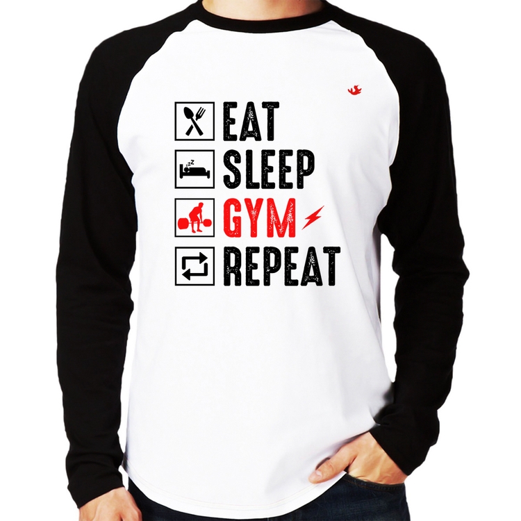 Camiseta Raglan Eat, Sleep, Gym, Repeat Manga Longa