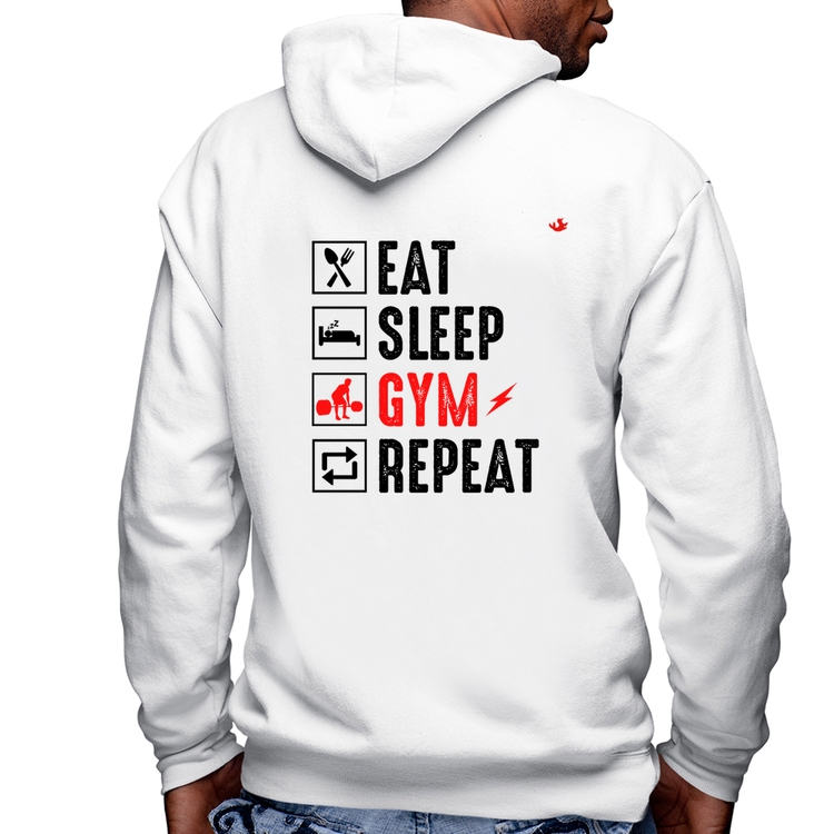 Blusa Moletom Eat, Sleep, Gym, Repeat Masculina com Capuz e Zíper - Branca