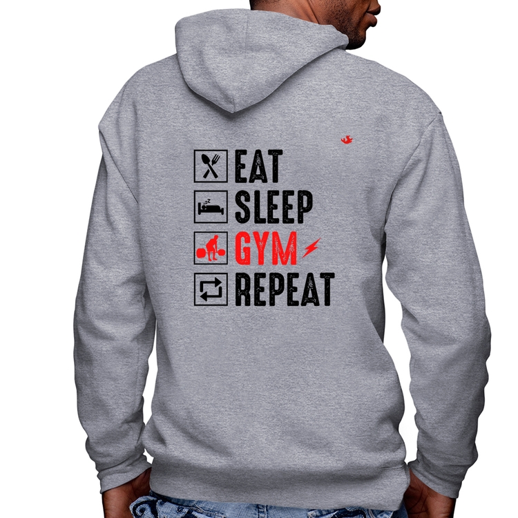Blusa Moletom Eat, Sleep, Gym, Repeat Masculina com Capuz e Zíper - Mescla