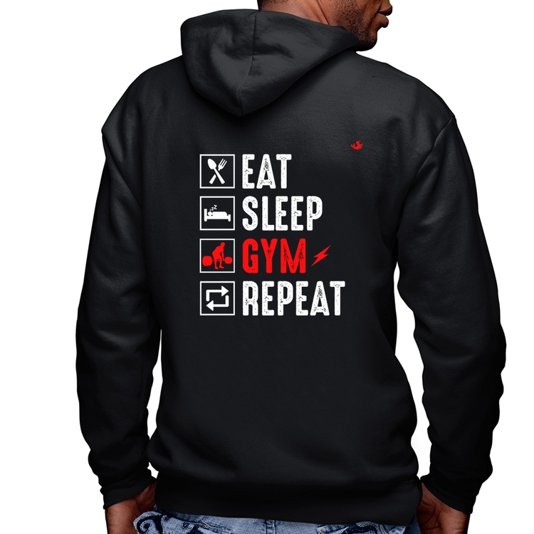 Blusa Moletom Eat, Sleep, Gym, Repeat Masculina com Capuz e Zíper