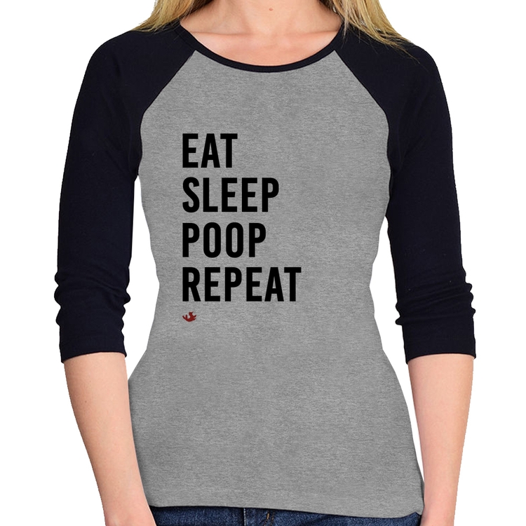 Baby Look Raglan Eat, Sleep, Poop, Repeat Manga 3/4 - Cinza/Preto