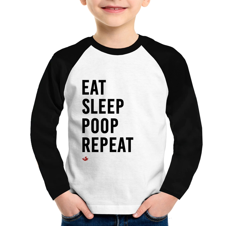 Camiseta Raglan Infantil Eat, Sleep, Poop, Repeat Manga Longa