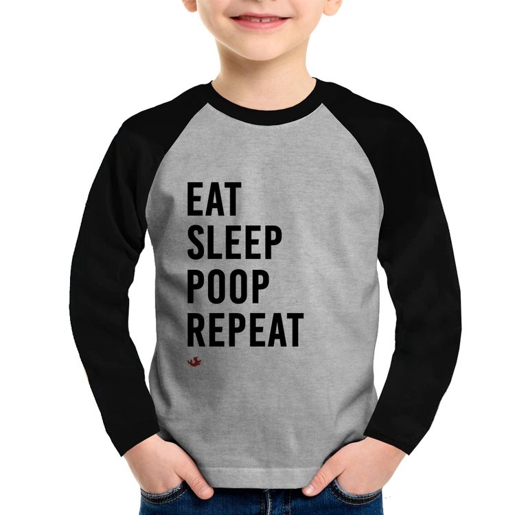 Camiseta Raglan Infantil Eat, Sleep, Poop, Repeat Manga Longa - Cinza/Preto