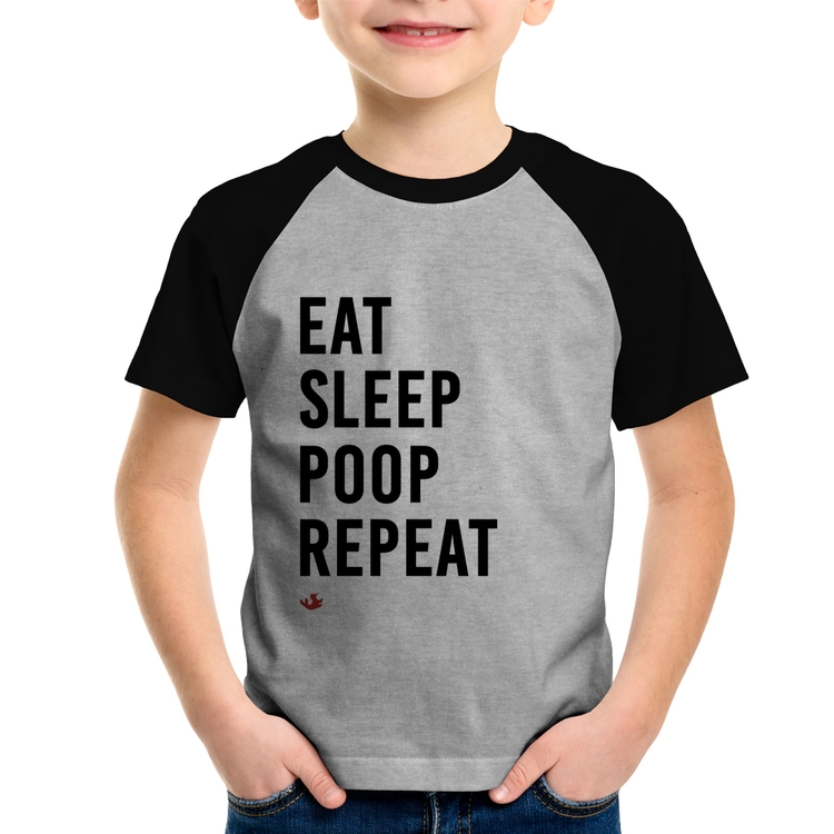 Camiseta Raglan Infantil Eat, Sleep, Poop, Repeat - Cinza/Preto