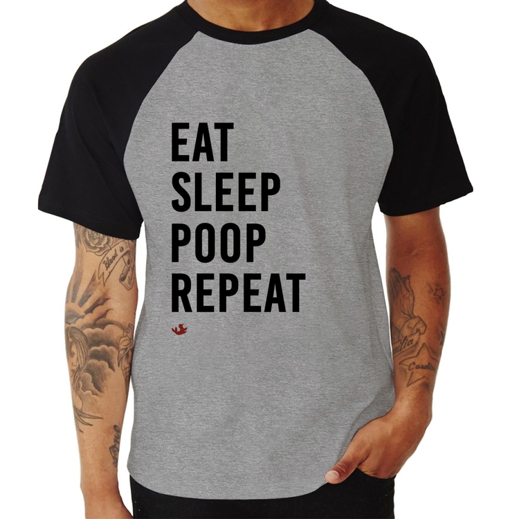 Camiseta Raglan Eat, Sleep, Poop, Repeat - Cinza/Preto