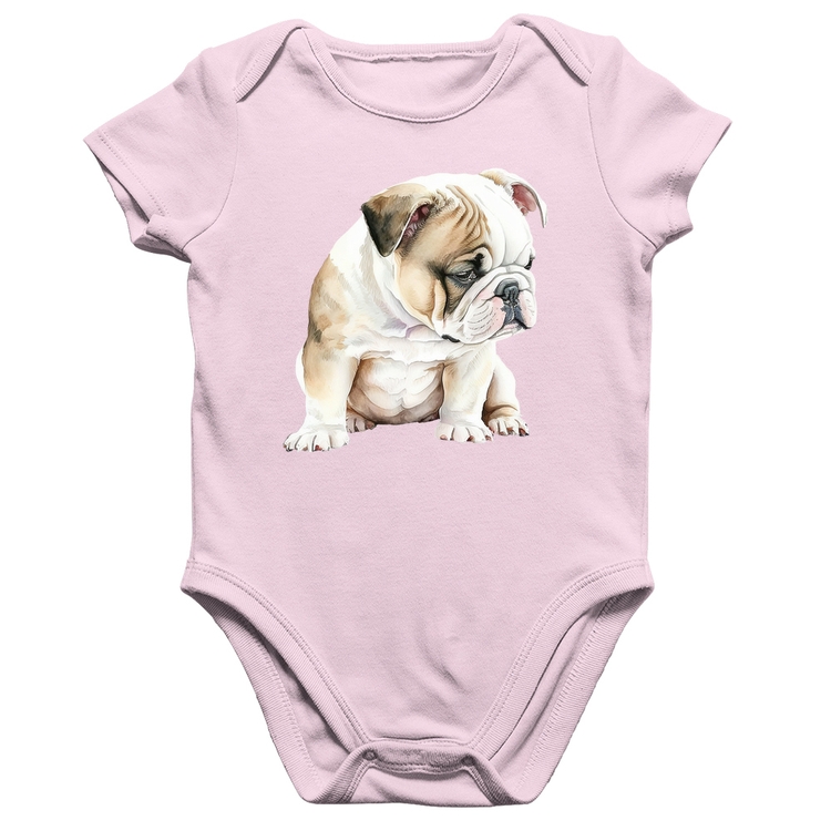 Body Bebê Algodão Cachorro Buldogue Inglês - Rosa Bebê