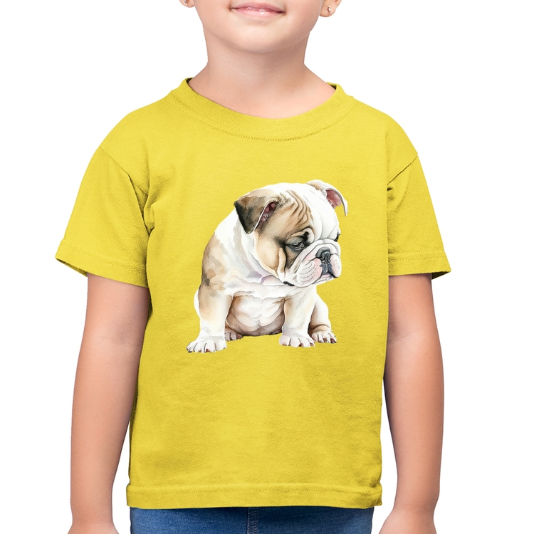 Camiseta Algodão Infantil Cachorro Buldogue Inglês - Amarelo Canário