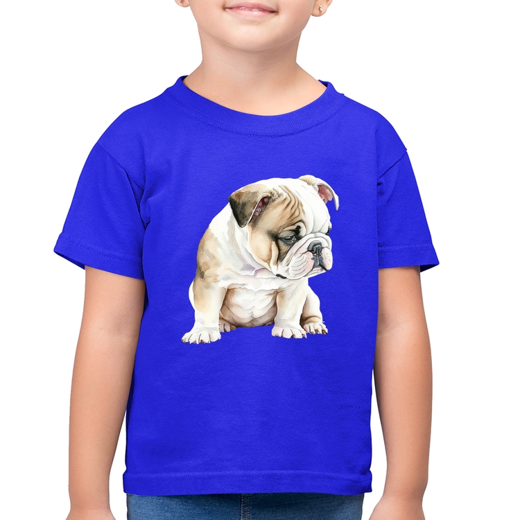 Camiseta Algodão Infantil Cachorro Buldogue Inglês - Azul Royal