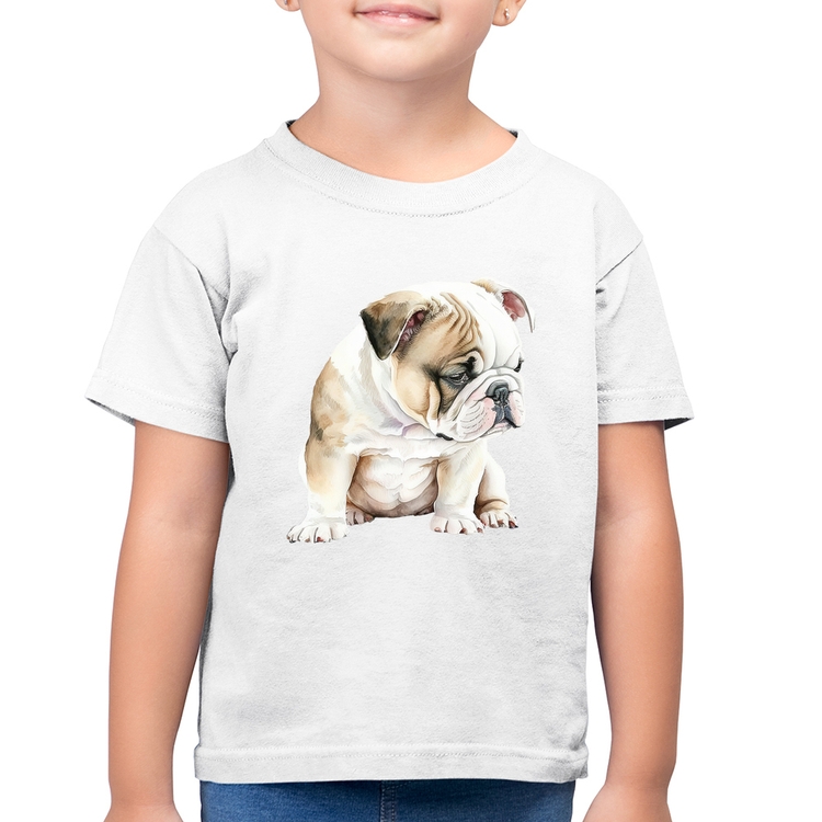 Camiseta Algodão Infantil Cachorro Buldogue Inglês - Branca