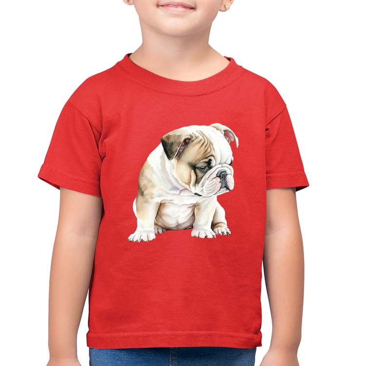 Camiseta Algodão Infantil Cachorro Buldogue Inglês - Vermelha