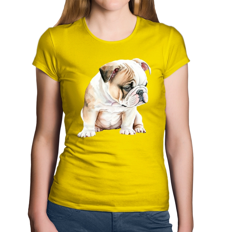 Baby Look Algodão Cachorro Buldogue Inglês - Amarela