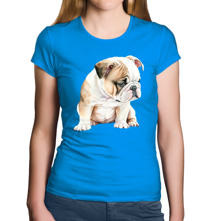 Baby Look Algodão Cachorro Buldogue Inglês - Azul