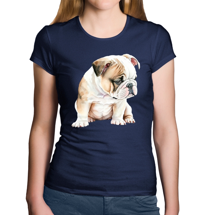 Baby Look Algodão Cachorro Buldogue Inglês - Marinho