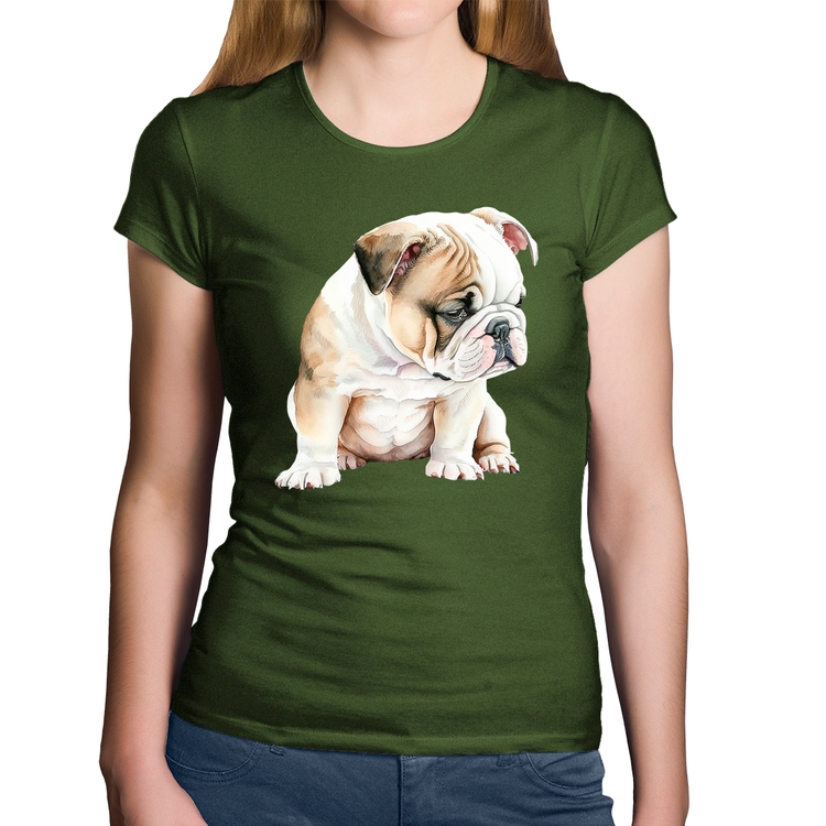 Baby Look Algodão Cachorro Buldogue Inglês - Musgo