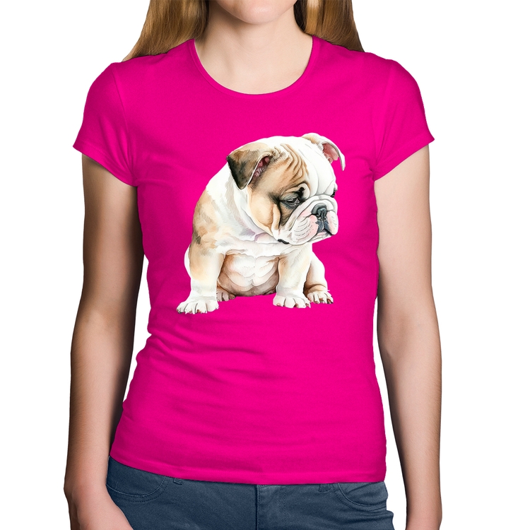 Baby Look Algodão Cachorro Buldogue Inglês - Rosa