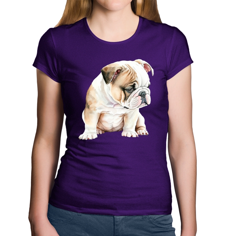 Baby Look Algodão Cachorro Buldogue Inglês - Roxa