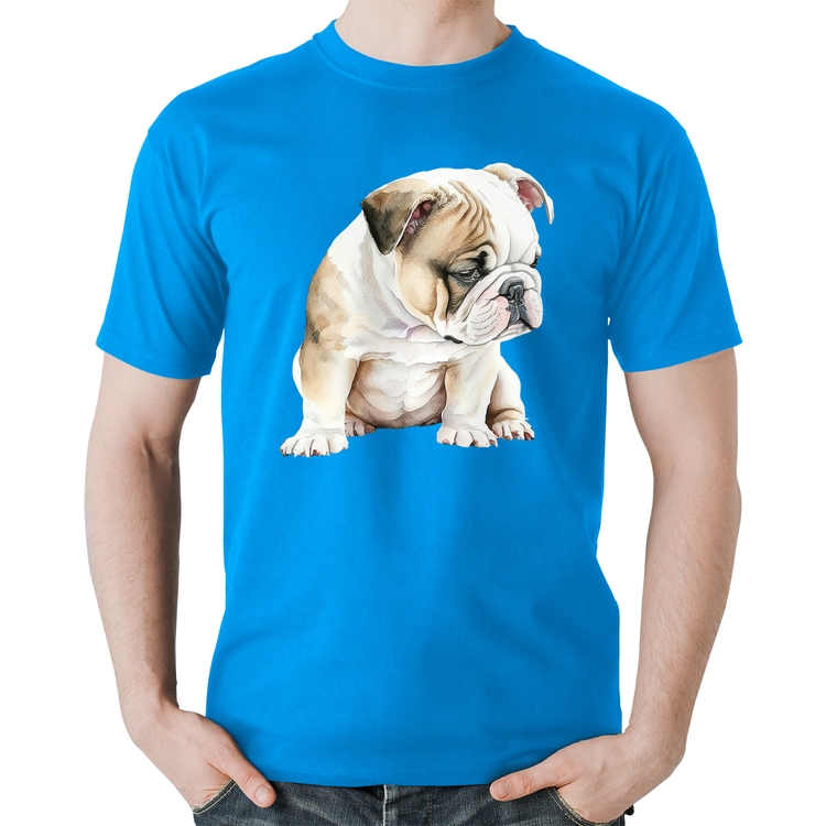 Camiseta Algodão Cachorro Buldogue Inglês - Azul