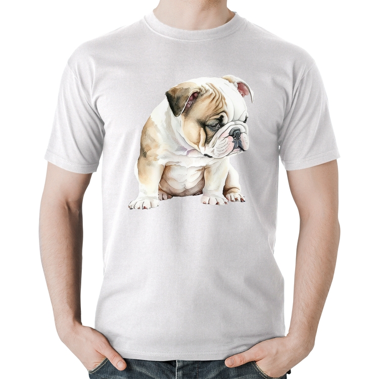 Camiseta Algodão Cachorro Buldogue Inglês - Branca