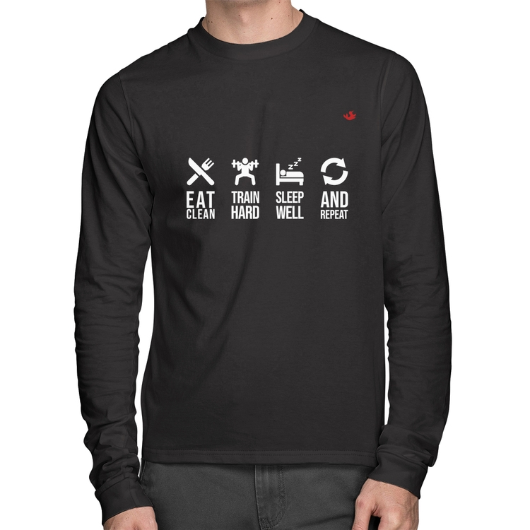 Camiseta Algodão Eat, train, sleep, repeat Manga Longa