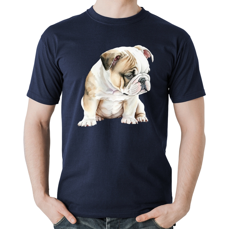 Camiseta Algodão Cachorro Buldogue Inglês - Marinho