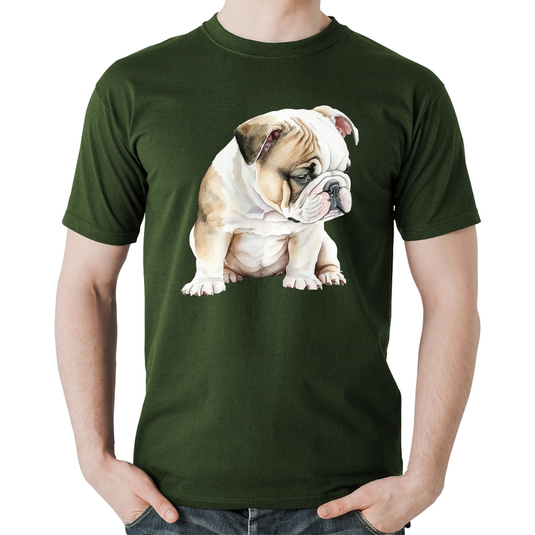 Camiseta Algodão Cachorro Buldogue Inglês - Musgo