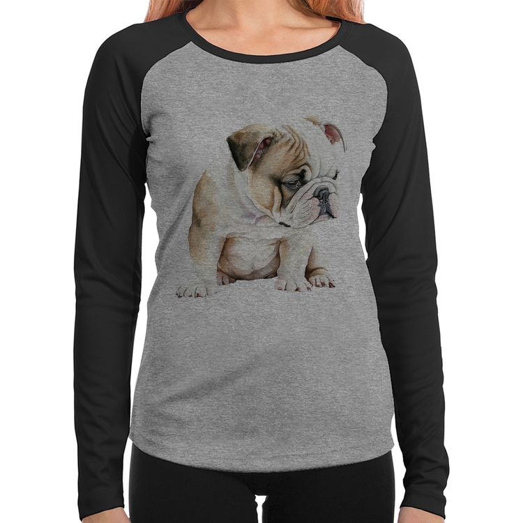 Baby Look Raglan Cachorro Buldogue Inglês Manga Longa - Cinza/Preto