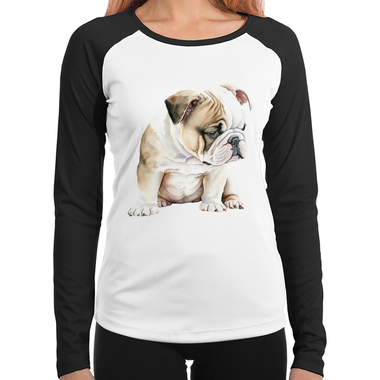 Baby Look Raglan Cachorro Buldogue Inglês Manga Longa