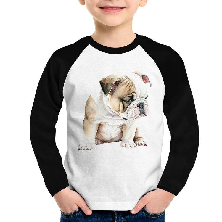 Camiseta Raglan Infantil Cachorro Buldogue Inglês Manga Longa