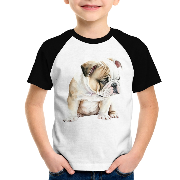 Camiseta Raglan Infantil Cachorro Buldogue Inglês
