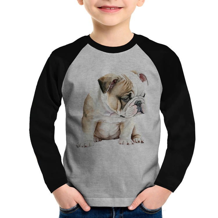 Camiseta Raglan Infantil Cachorro Buldogue Inglês Manga Longa - Cinza/Preto