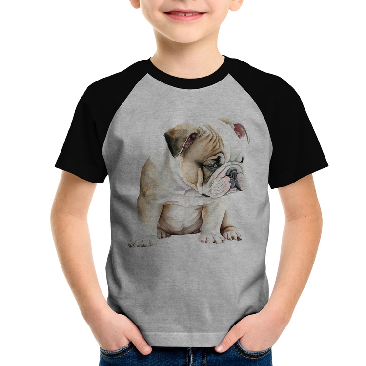 Camiseta Raglan Infantil Cachorro Buldogue Inglês - Cinza/Preto