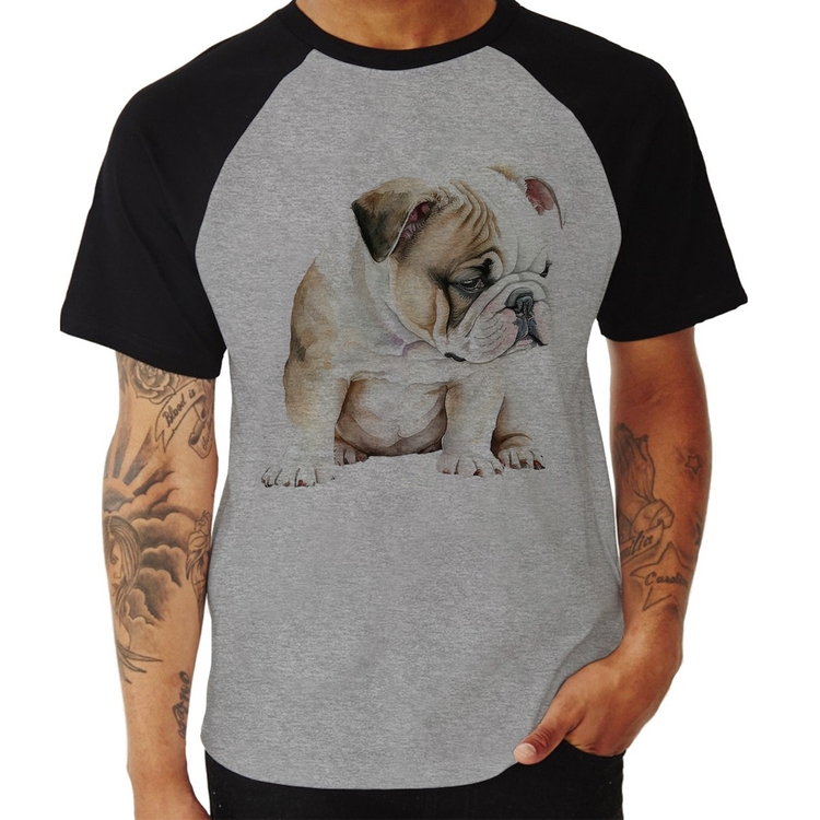 Camiseta Raglan Cachorro Buldogue Inglês - Cinza/Preto
