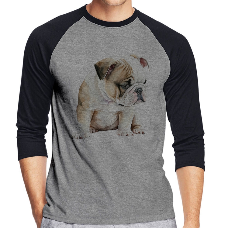 Camiseta Raglan Cachorro Buldogue Inglês Manga 3/4 - Cinza/Preto