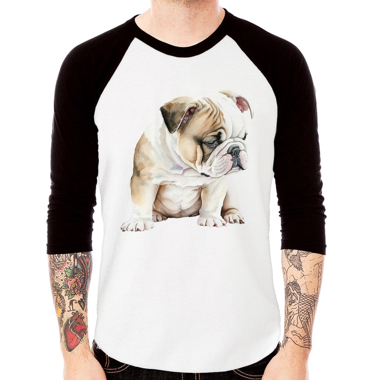 Camiseta Raglan Cachorro Buldogue Inglês Manga 3/4