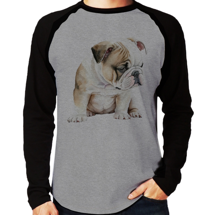 Camiseta Raglan Cachorro Buldogue Inglês Manga Longa - Cinza/Preto