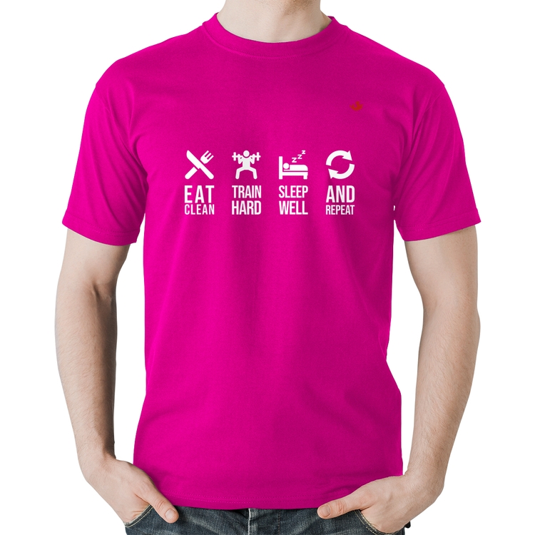 Camiseta Algodão Eat, train, sleep, repeat - Rosa