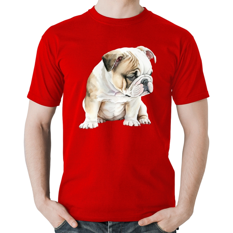 Camiseta Algodão Cachorro Buldogue Inglês - Vermelha