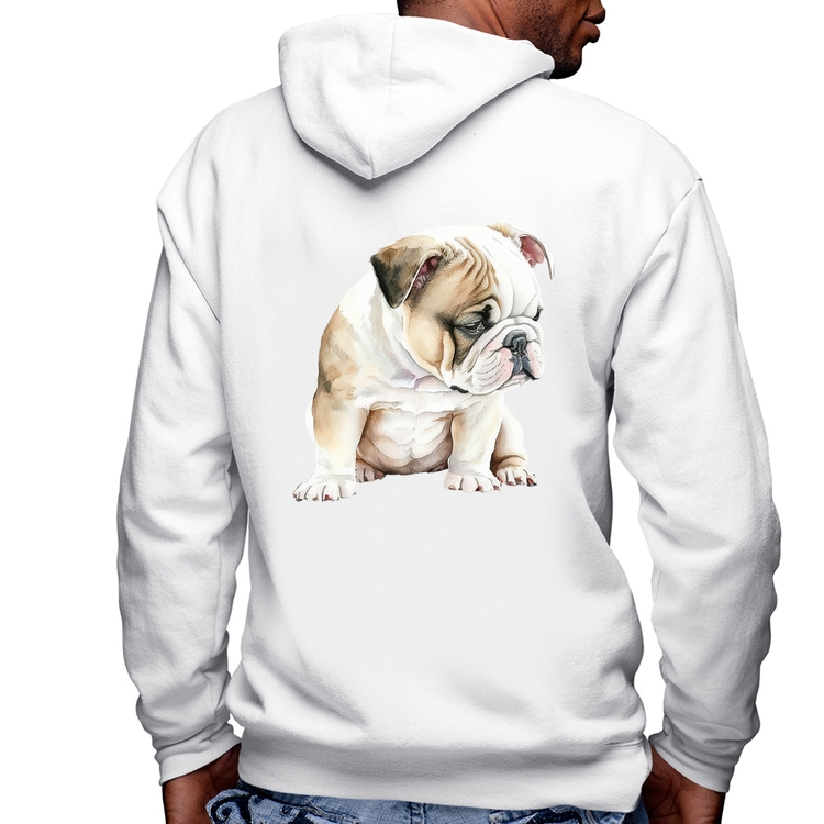 Blusa Moletom Cachorro Buldogue Inglês Masculina com Capuz e Zíper - Branca