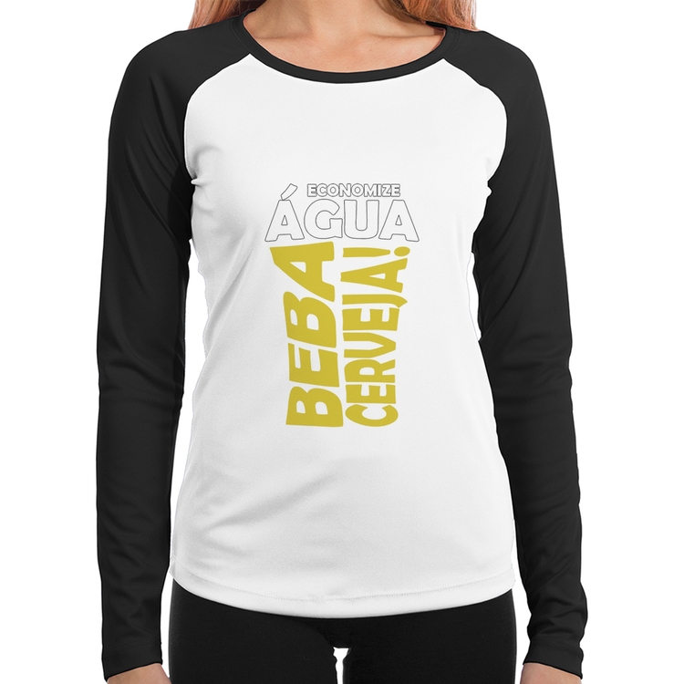 Baby Look Raglan Economize água, beba cerveja Manga Longa