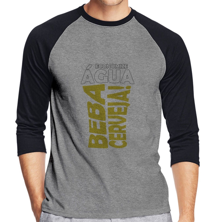 Camiseta Raglan Economize água, beba cerveja Manga 3/4 - Cinza/Preto