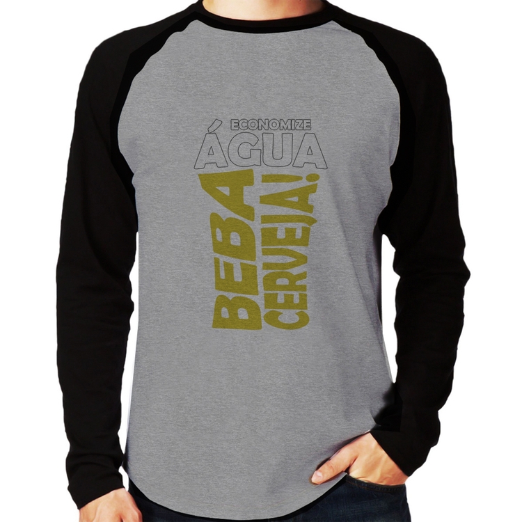 Camiseta Raglan Economize água, beba cerveja Manga Longa - Cinza/Preto