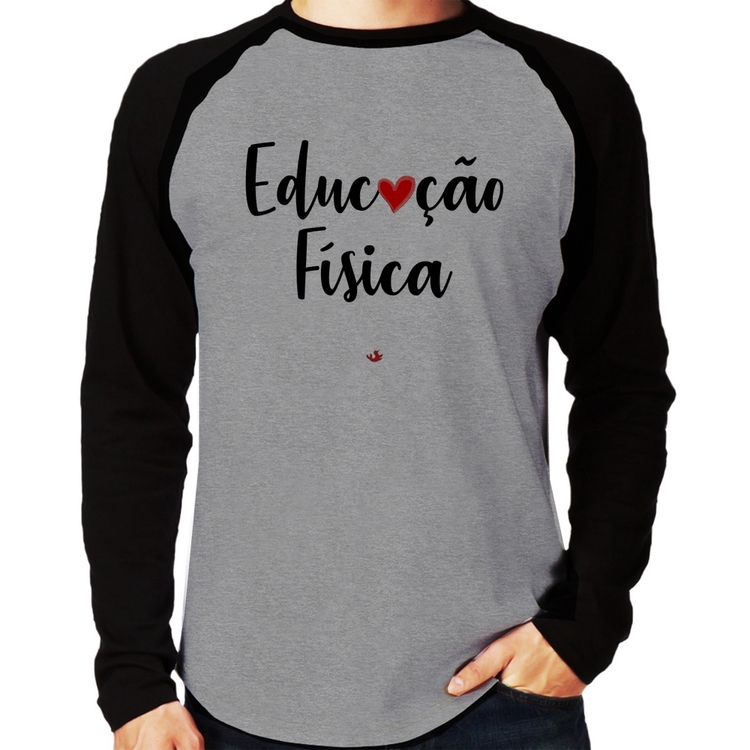 Camiseta Raglan Educação Física por amor Manga Longa - Cinza/Preto